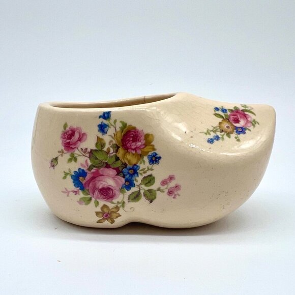 Vintage Ceramic Dutch Clog Shoe Cream Floral Transferware Small Collectible - Picture 1 of 9